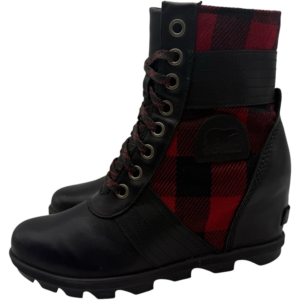 Sorel Womens Shoes Lexie Wedge Boots Sz 9.5 Red Black Plaid Leather Waterproof